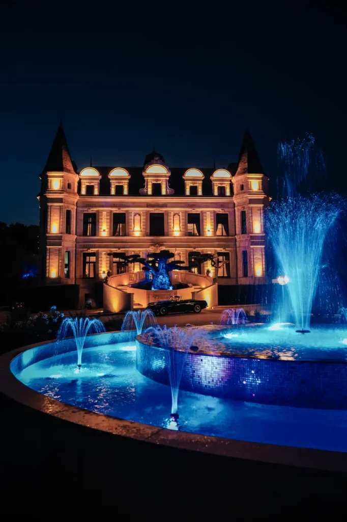 Fontaine éclairée du Château Camiac la nuit