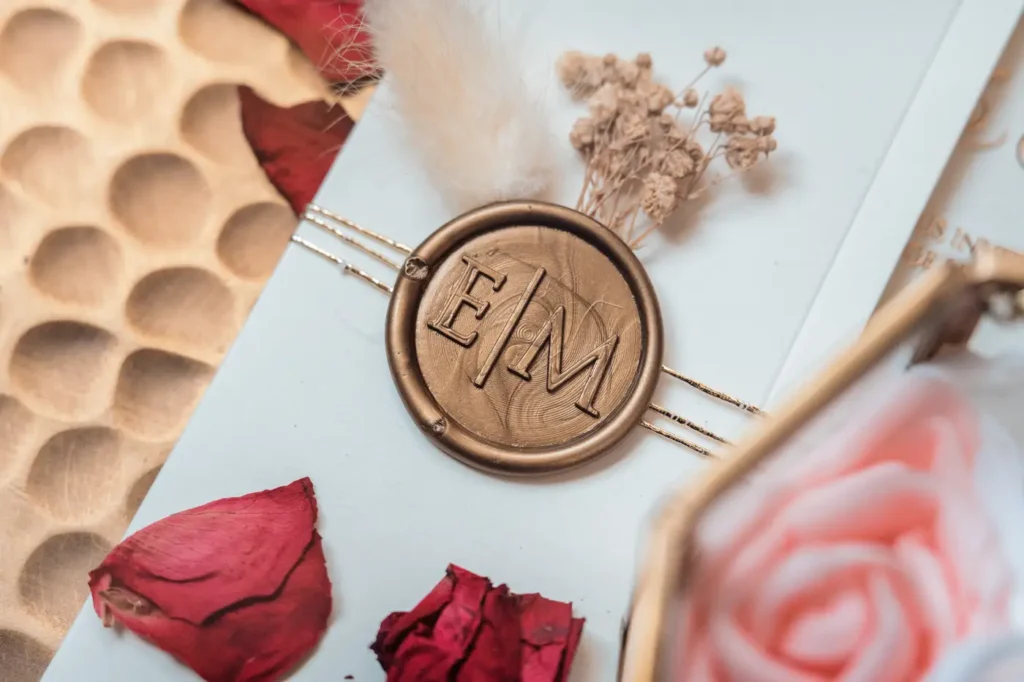 Détail du sceau et papeterie de mariage