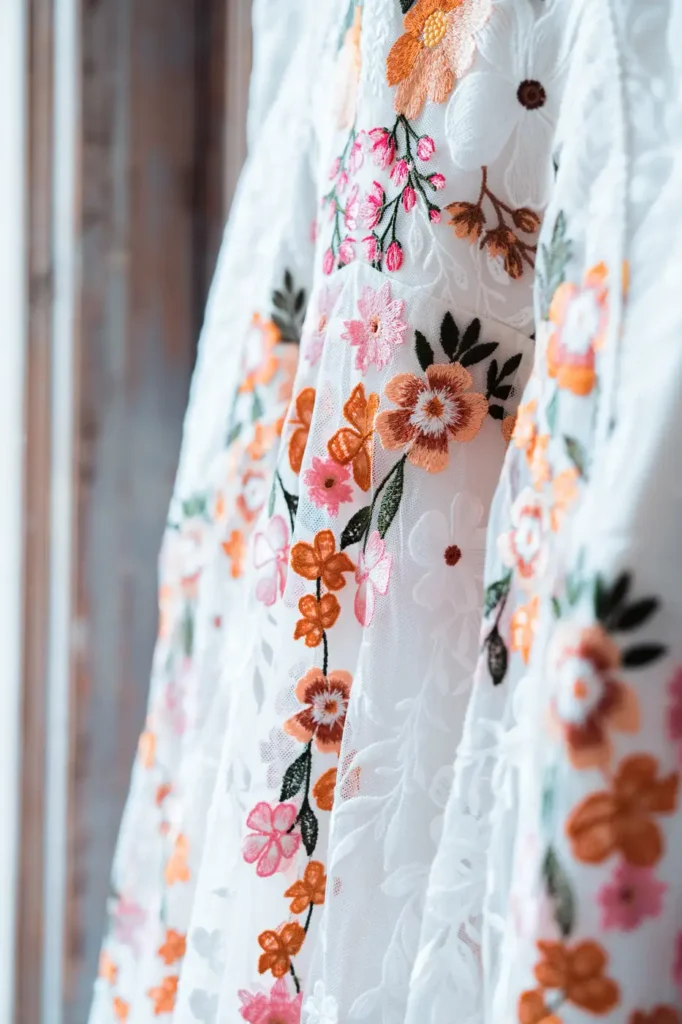 Détail de la robe fleurie de la mariée