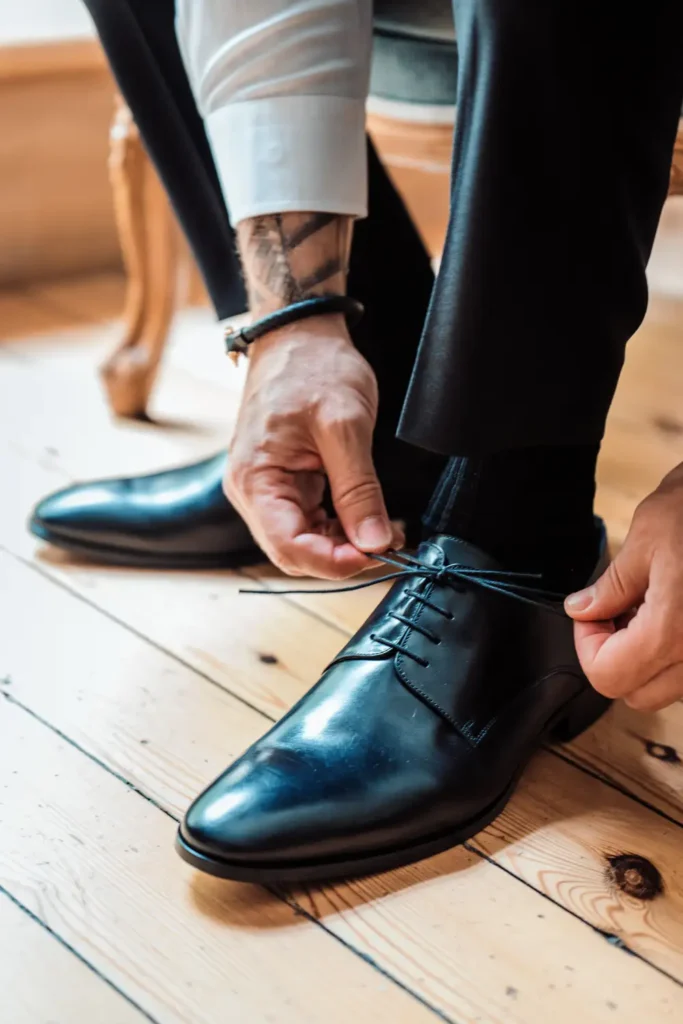 Le marié attachant ses chaussures