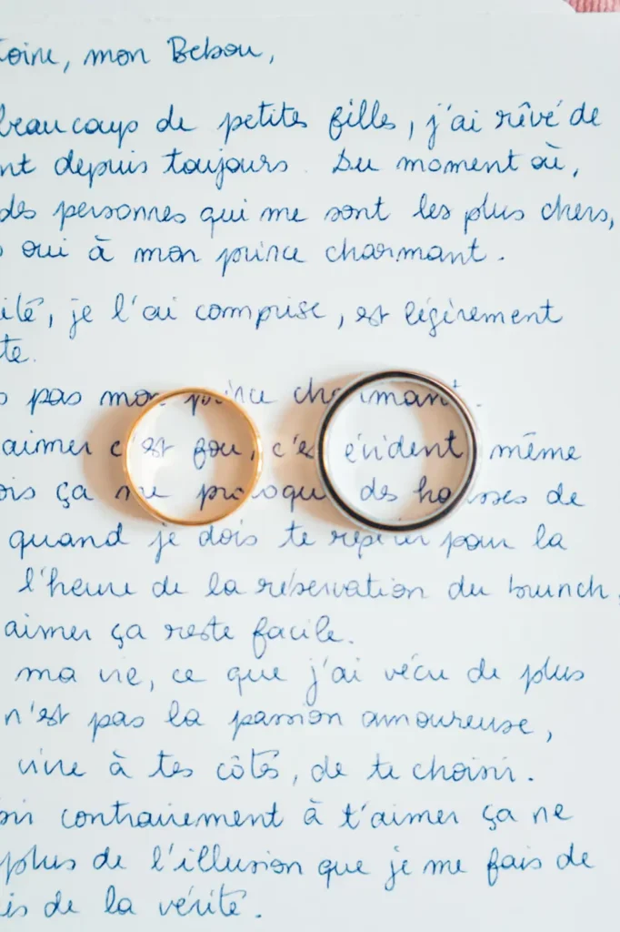 Alliances posées sur un carnet manuscrit