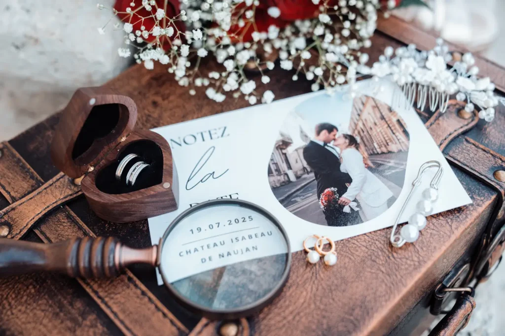Détails alliances et papeterie de mariage au Château Isabeau de Naujan